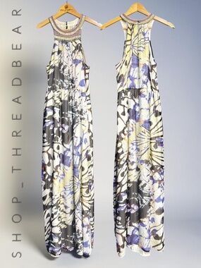 100% Silk [Charlie Jade] Beaded Butterfly Maxi Cocktail Dress + Slit | Medium